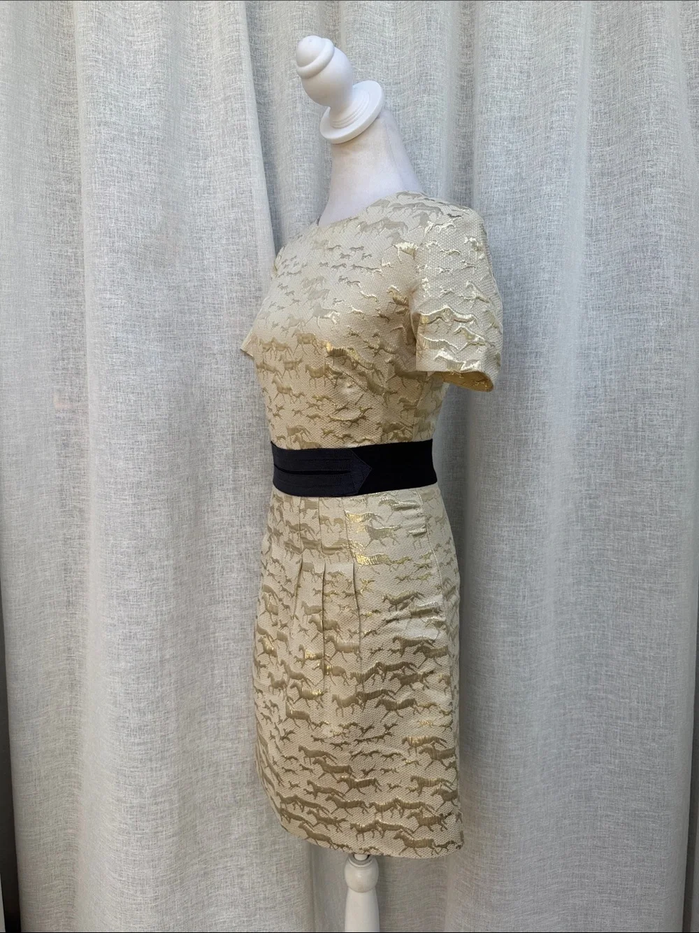 Tory Burch Mini Horses silk gold metallic jacquard dress with black ribbon belt